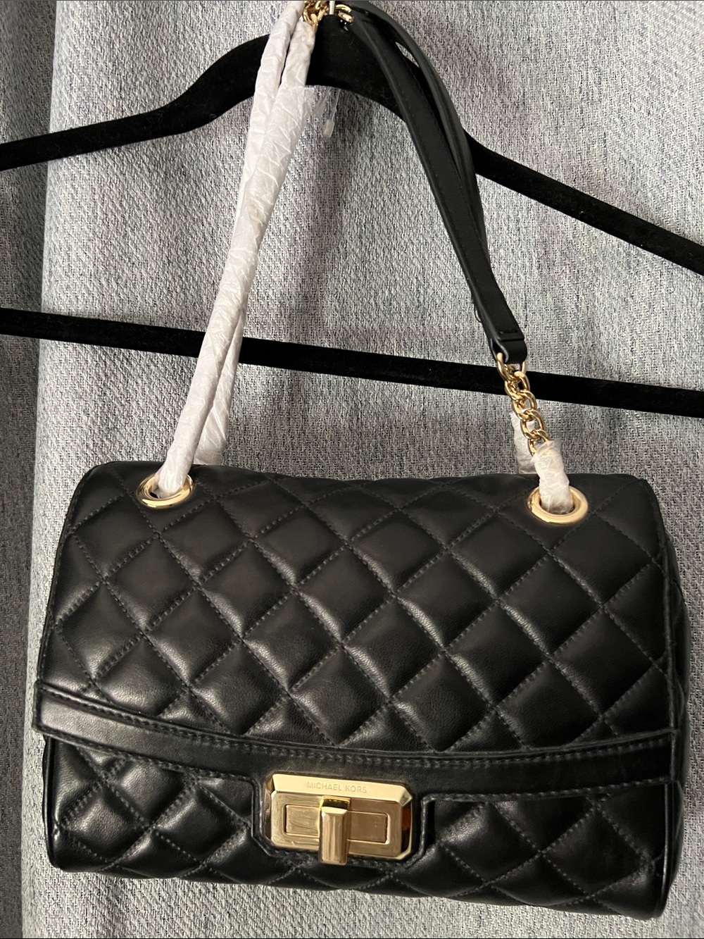 Michael Kors Black Quilted Leather Shoulder Bag with Gold Hardware